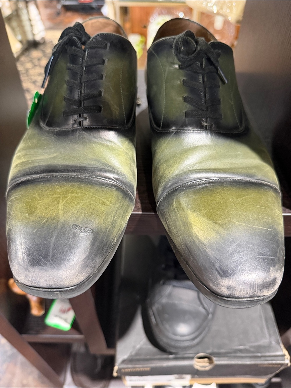 Aldo Green-Patina Black Cap-Toe Leather Oxfords